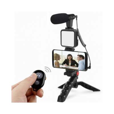 Kit De Vlogg Filmagem Microfone Tripé Luz Live Profissional